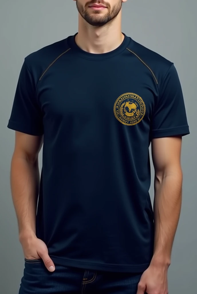 Dark blue t-shirt with gold details and the administration symbol on the right chest, which is the world globe and around it the word administration 