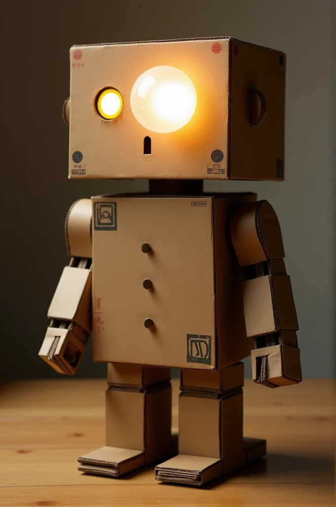 Make an impressionist style cardboard robot that works as a lamp and has a light bulb