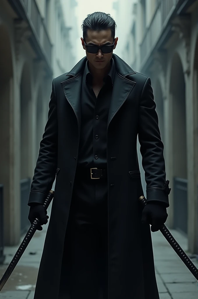 Man in long black jacket, dark glasses, dark clothes and two katanas