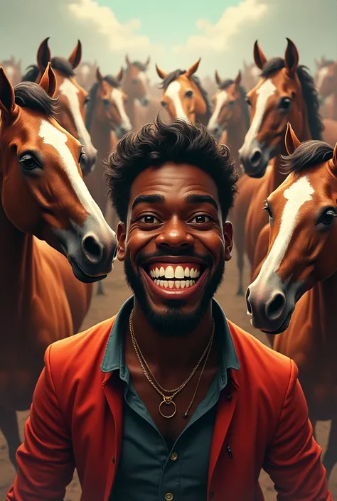 carlinhos (Dark man with a gigantic, dark smile and a fetish for horses) surrounded by horses (animadas)