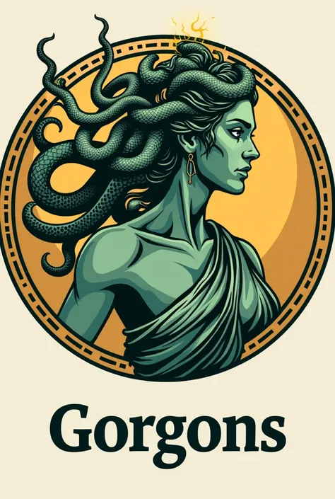 Physiotherapy logo of the Greek character Medusa from head to waist,wearing a greek outfit,with snake head with snake face,gaseous green skin color,holding a golden ray in his hand,a golden round border, written the word Gorgons With lightning in hand 