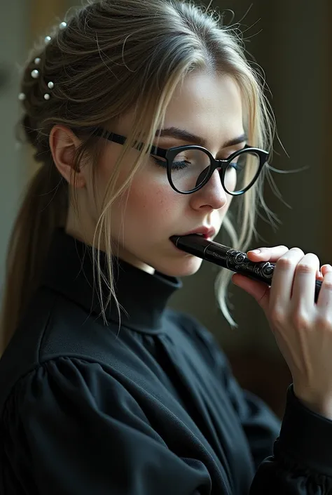 a one woman, medium dark blonde hair, mechas whites na parte de trás do cabelo, white, with freckles, brown eyes with eyeliner, black round glasses, playing transverse flute with a high collar, Satanist