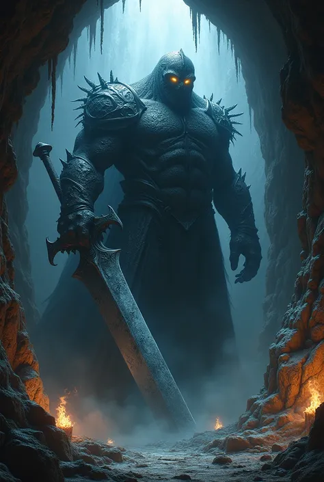 magical monstrous titan wearing magical shadow armor in a dark dungeon cave holding a giant sword