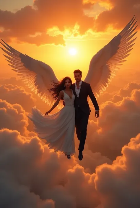 A beautiful corian girl with  white beautiful dress and with black wings she flying in the skay above the clouds at the sunset time and se has cat eyes and she is flying with her boyfriend har boyfriend ware a blac cort and pant he is arabian and he has wh...