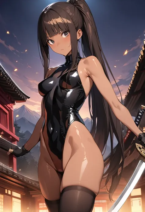 ((masterpiece,best quality anime,Highest quality:1.3)),realistic,cowboy shot,(25 year old beauty),Female ninja,1woman,独奏,((very small head:1.4)),((very long body:1.3)),black hair,bangs,(long ponytail hair),gorgeous big eyes,black eyes,((tan skin:1.5)),(bla...