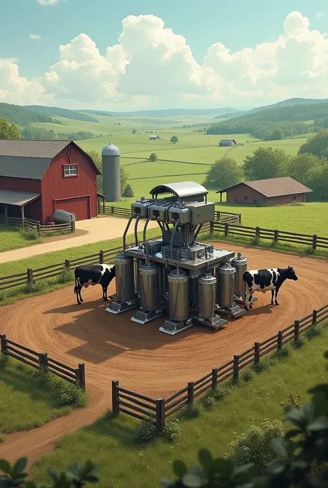 create an image with a corral in the countryside with a mechanical milking system  