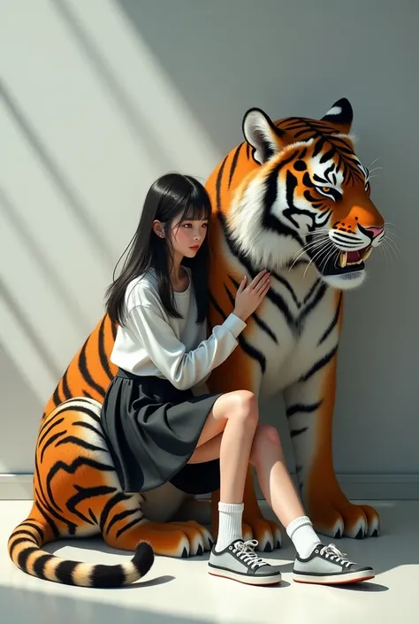 
created a very real 3D painting image, a beautiful 17 year old long-haired Japanese woman, wearing a long-sleeved white shirt, long black plisket skirt, long white socks and sneakers, looking forward with a sharp gaze, sitting and leaning on the body of a...