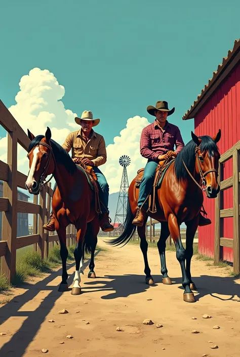 Hyperrealistic comic image with a 50&#39;s look, two cowboys shoeing horses in the corral