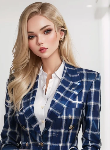 woman in blue and white checkered suit posing for a photo, girl in a suit, girl in a suit, Alexandra Valishevskaya, office clothes, Magdalena more often, style of Yulia Razumova, business clothes, John shouted, Business lady, business attire, yelena belova...