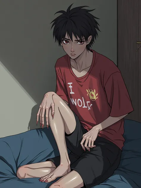 

twenty-five year old man with disheveled black hair. Eyes red, black pointy nails, wearing a red shirt with the words "I love Wolfs" and black shorts. body skinny 