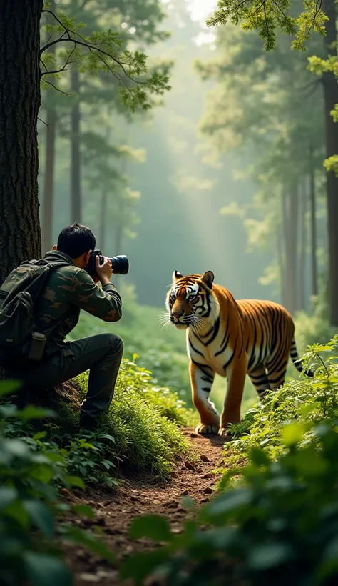 A photographer is capturing a photo of a tiger in the jungle. The scene is set in a lush, dense forest with towering trees and thick underbrush. Sunlight filters through the canopy, casting a soft, dappled light on the ground. The photographer, dressed in ...