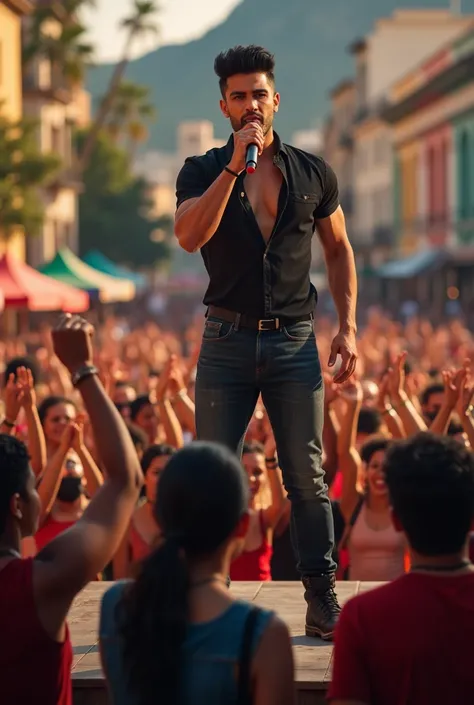 Singer with Brazilian features and a black quiff singing on a stage in Praça da Apoteose in Rio de Janeiro with an audience singing around him.