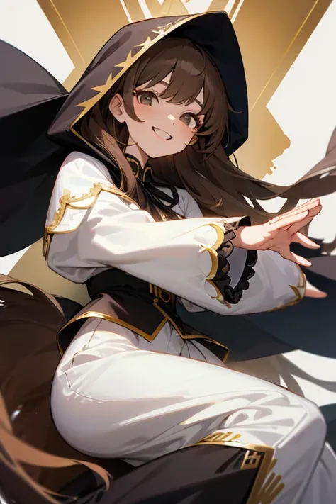 Woman, long straight brown hair, white blouse with puffed sleeves, black ribbon around her neck, long black skirt with gold embroidery, black peplum with the same pattern, black high heel boots, white hood covering her eyes, funny smile.