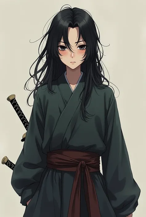 A swordsman with black eyes and long black hair, Youngh, with a tired look, he looks a little sad and exhausted from training so much 