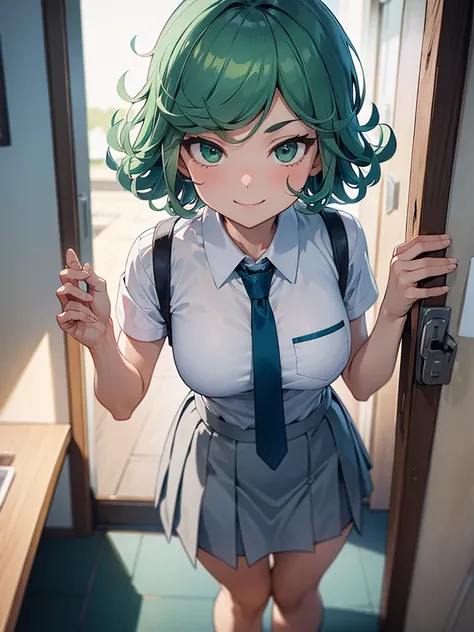 (high res, 8K, masterpiece, looking at viewer, best quality, very aesthetic, ultra detailed, ultra background, ultra Eyes) intricate details, 1girl, Tatsumaki, short sleeved white shirt, Light Blue Gray short skirt, Pockets on the left chest, light Blue Gr...