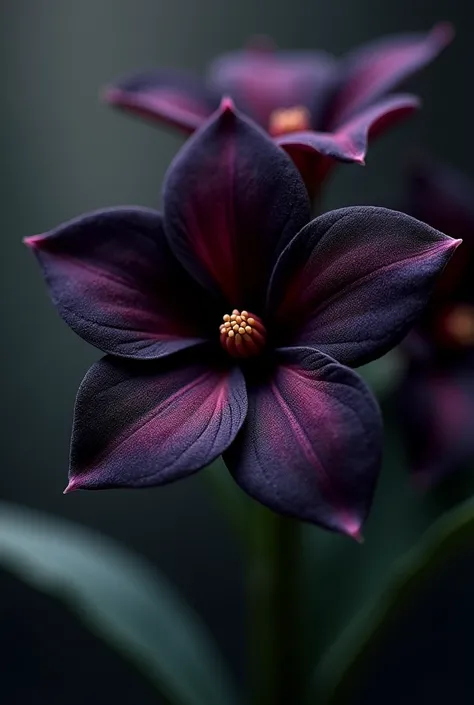 An ultra-close-up, high-resolution macro photograph of a rare black wax flower (Hoya) in full bloom. The image captures the intricate details of the velvety petals, with deep black and purple hues, highlighting the delicate textures and natural sheen of th...