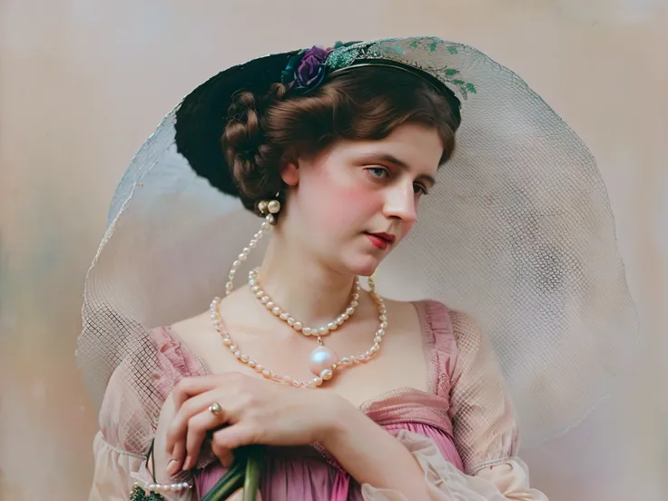 a photo of a woman in a pink dress and a pearl necklace, colored 1 9 0 4 photo, a colored photo, autochrome pearlescent portrait, colored photo, colored photograph, colored, inspired by Ramon Casas i Carbó, colored background, victorian female portrait, co...