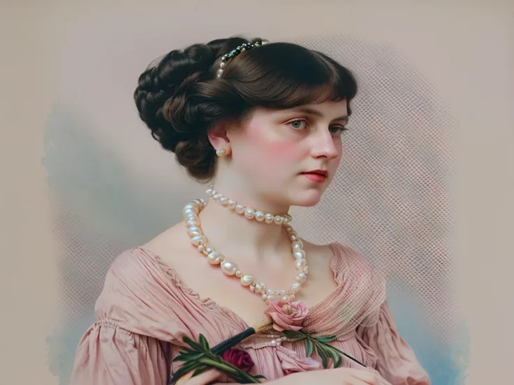 a photo of a woman in a pink dress and a pearl necklace, colored 1 9 0 4 photo, a colored photo, autochrome pearlescent portrait, colored photo, colored photograph, colored, inspired by Ramon Casas i Carbó, colored background, victorian female portrait, co...