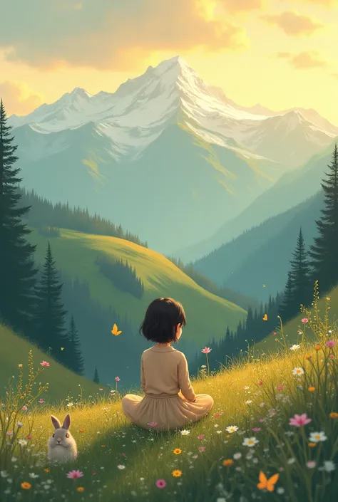 A girl alone in the evening nature , feeling the beautiful scenario of mountains and natures beauty and cute creatures 