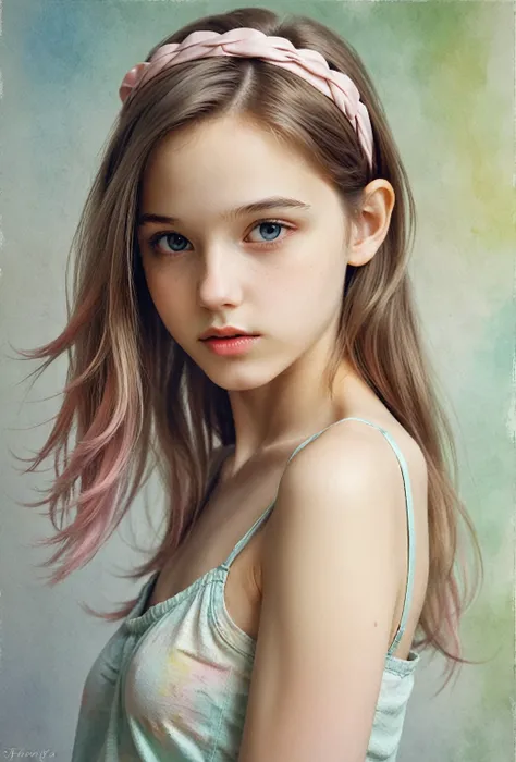 (кинематографическое фfromо:1.3) from (фfromо до бедер:1.3),(skinny:1.3) beautiful 12 year old girl, (complex brown hair), высок...