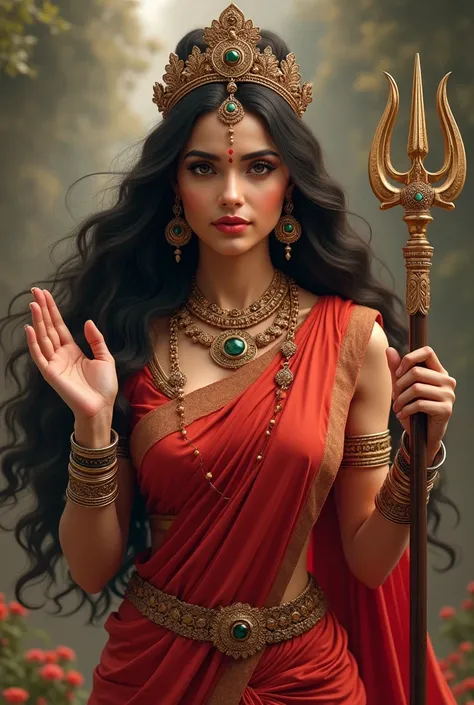 beautiful Indian women realistic face. She is wearing a traditional red saree. She is wearing jewelery along with professional make-up. She has a big earring in her ear. She has a bangle in her hand, and a crown on her head. There are eyes on her forehead....