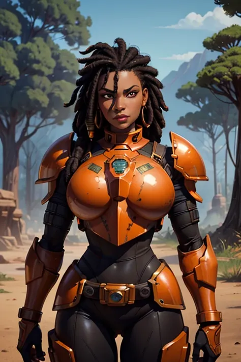 portrait of  african woman with (short black dreadlocks), black hair pulled back, wearing a (heavy orange mechanical armor, powe...