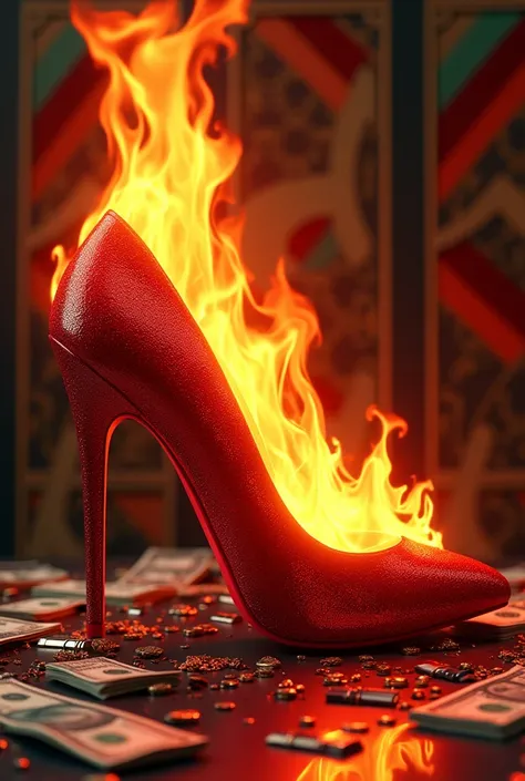 album cover a red high heel on fire, gucci style , money and stylish
