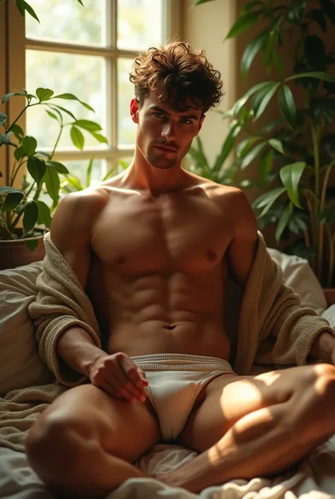 (photorealism:1.2), sexy man, masturbating on bed, wearing loose off-shoulder top, mens thong, short curly hair, indoors, soft lighting, plants in background, window with sunlight, cozy room, sexy pose, playing with bulge vpl, realistic, intricate details,...