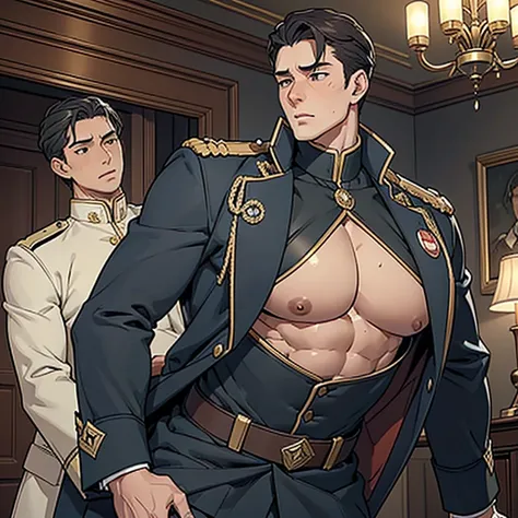 ((a handsome male general stands in a luxurious, dimly lit room. he is dressed in a military uniform that accentuates his muscul...