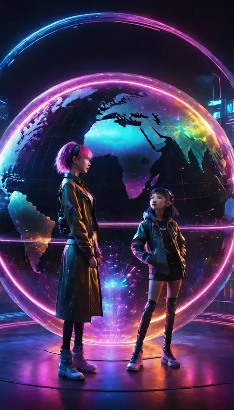 a cyberpunk girl stands center stage, singing powerfully directly toward the viewer's perspective in front of a massive globe su...