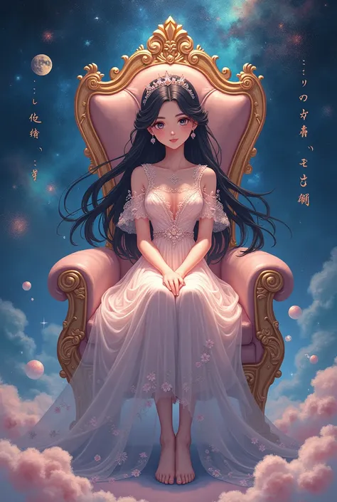 A anime girl is sitting on a royal chair.shibis wearing a fairy dress.his background wall is galaxy type..in background his name was written..his name is Sadia Akter 