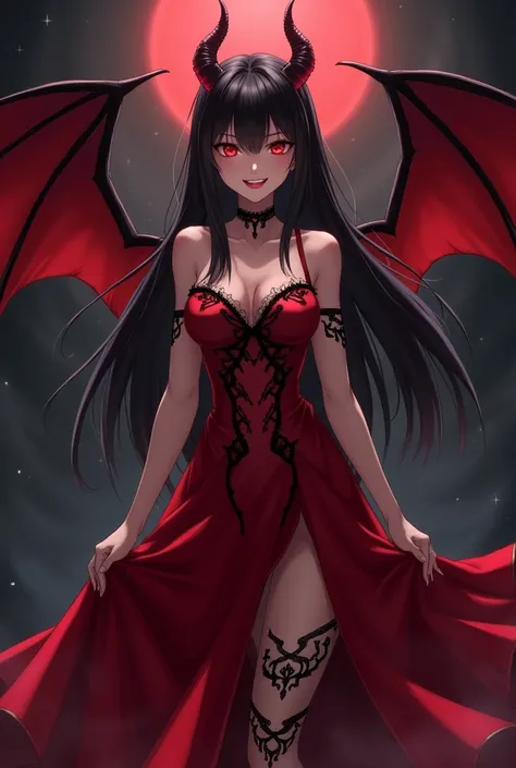 Generates an image of a Succubus woman anime style with long straight dark hair and bangs, Red eyes, horns protruding from his head, Elegant long red dress with black details, wicked smile, dark aura