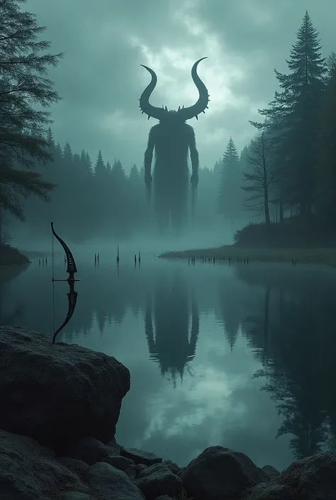 Create a lake in which, on its edge, there is a bow and arrow resting on a rock and, In the water of the lake, there is a shadow of a demon reflected, This sembra must be scary surrounded by several spikes. The scenery in the background should be a magical...