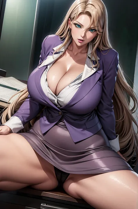 (Sensual 40-year-old woman)　One woman　Lilac-colored semi-long hair　Wave　Forest green eyes　((Spread your legs:1.4))　office lady　Jacket　Pencil Skirt　formal　(Big Breasts　Cleavage)　classroom　Detailed Background　(Highest quality　Highest quality)