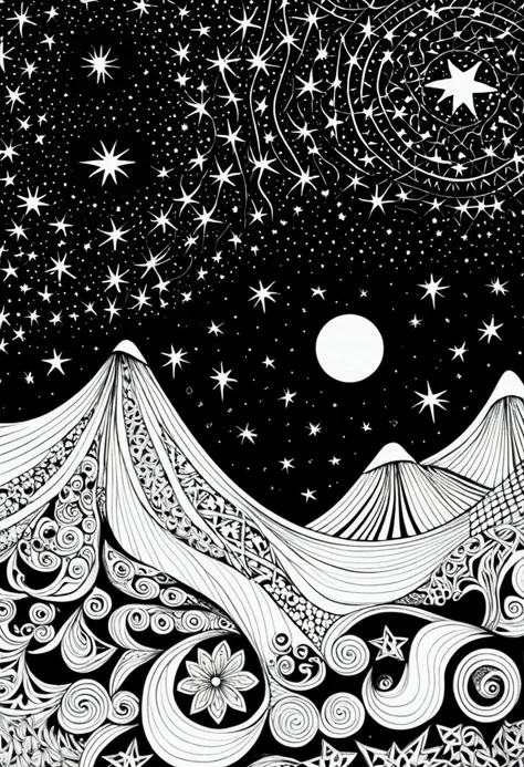 Starry Sky, Zentangle drawing art style, clean, minimalist, meditative and relaxing, uses repetitive patterns and structured designs to create intricate and abstract artworks, precise lines, professional-grade execution, contrast, black and white, (best qu...