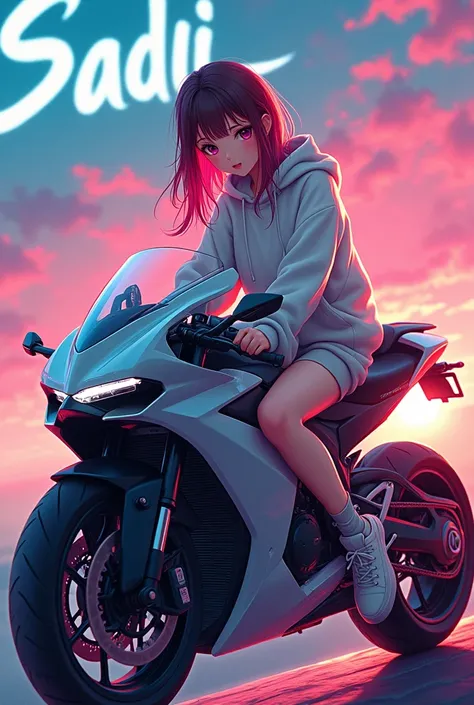 A anime girl who is sitting on a R1 bike.She is wearing a hoddy and his name is written in the background. And his name is Sadia Afrin