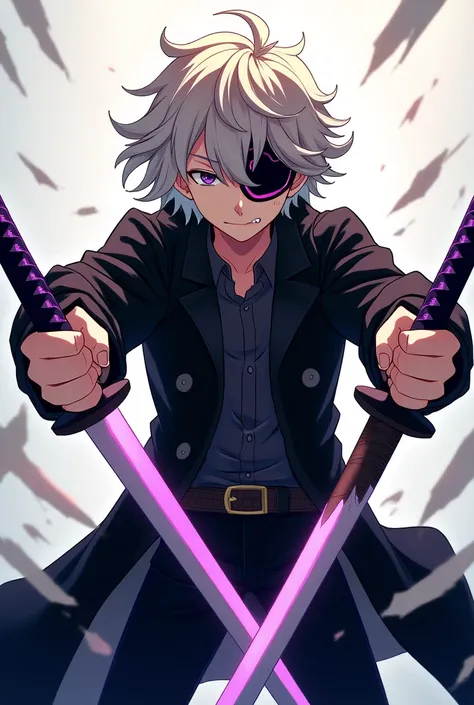 create a 2d anime character with open arms holding a katana that is breaking and another purple katana in the other hand he has wavy hair wears a black overcoat and has a black eye lid that covers half of his face