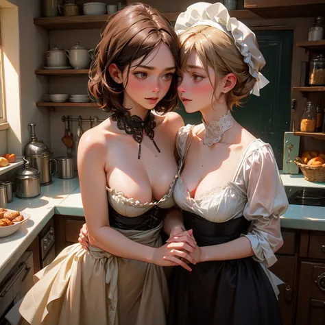 Two very poor old women from the 18th century, in a cottage kitchen, dressed in rags revealing their breasts and pubes, tenderly engaged in intense lesbian seduction.