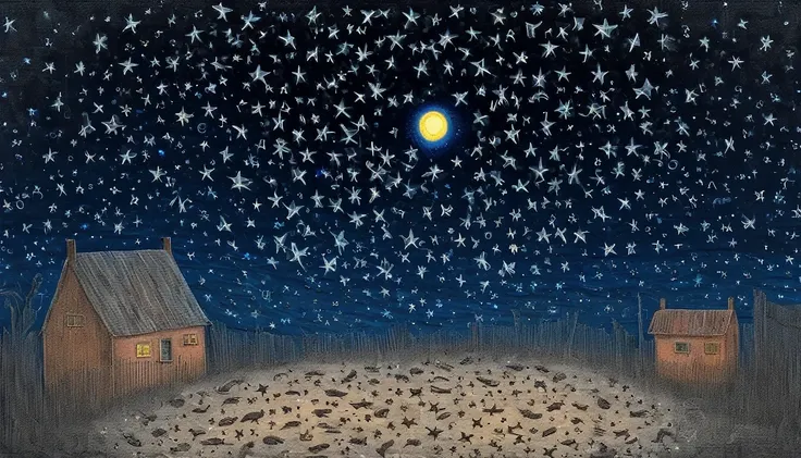 an delicate night in a sieve, sows stars in the night sky, ((michail vrudel style)), magic naive art, primitivism, protogen, , (...