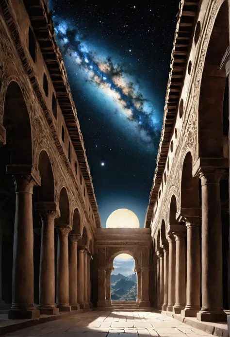 Description: Ancient buildings appear solemn and mysterious under the starry sky. Using appropriate composition to combine ancient architecture with the starry sky, showcasing the passage of time and the eternity of the universe. Beautiful cinematic lighti...