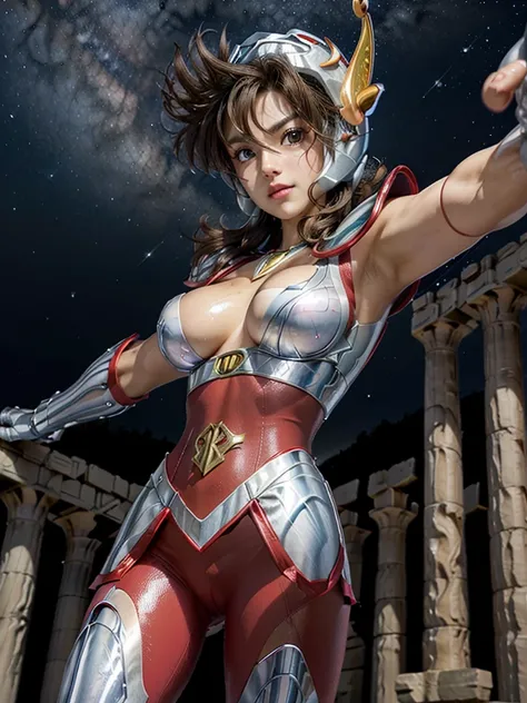 masterpiece, best quality, ultra high res, realistic skin texture,silver armor, armature, (photorealistic:1.4), high resolution, raw photo, 1 girl, shiny skin, (detail skin:1.2), realistic skin texture, best lighting, wearing red pants, (perfect breast:1.3...