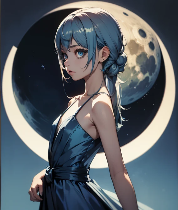 best quality, masterpiece, 1girl, blue dress, shoulders, blue aesthetic, shiny natural skin texture, long dress, small waist, detailed eyes, blue, moon behind her back