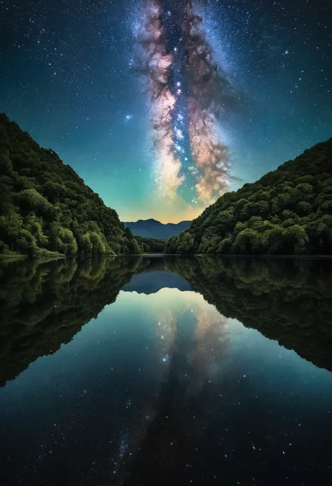 The calm lake reflects the reflection of the starry sky, forming a symmetrical picture. Use symmetrical composition and long-term exposure to capture the harmony between the starry sky and the water surface. Beautiful cinematic lighting, surreal, RAW photo...