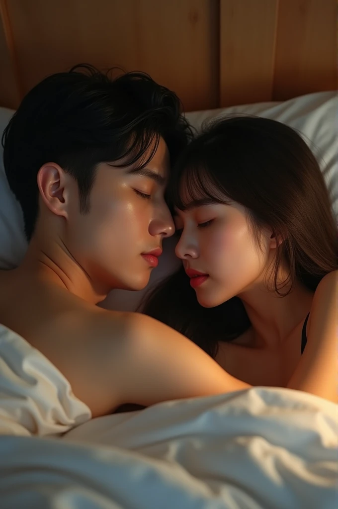 Pprompt image of handsome Korean man, short hair side parting, with beautiful women, long straight hair with bangs, wearing sleeveless clothes, beautiful white wiping dress, in bed, imitate the hugging style, soft lights, romantic, 16k UHD, lively, realist...