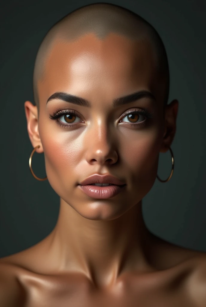 photorealism, hot bald woman, pinterest woman, 4k, ultra realistic, skin texture, pores, photorealistic, model, hyper realistic, RAW photo, photography, gorgeous, face close up, in focus, staring straight forward, face forward, flat lighting, hispanic woma...