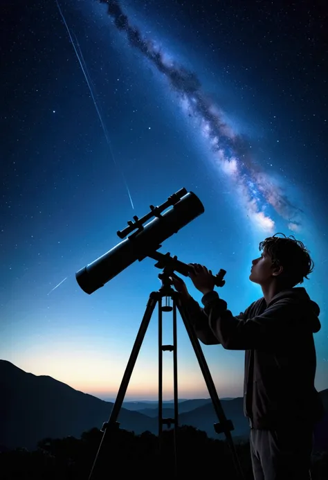 An astronomy enthusiast observes the stars through a telescope at night. Using side light or backlight shooting to showcase the focus of astronomy enthusiasts and the mystery of the starry sky. Beautiful cinematic lighting, surreal, RAW photo, color graded...