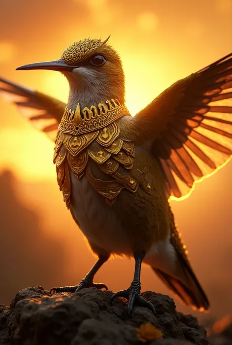 (Close-up of a powerful hummingbird:1.5), (Facing forward, wearing intricate golden armor:1.3), (Majestic and strong, standing alone:1.2), (Epic sunset background:1.1), (Radiant light around the hummingbird:1.2), (Symbolic landscape reflecting strength, un...