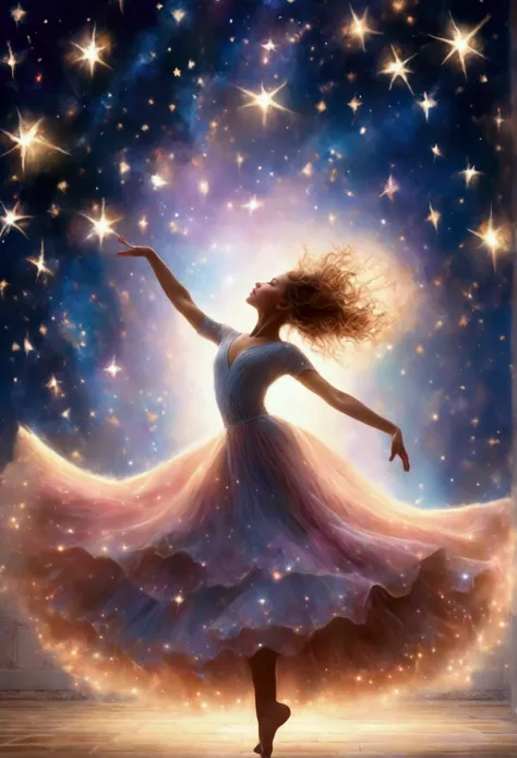 A dancer dances under the starry sky, with movements echoing the starlight. Use dynamic capture techniques to showcase the harmonious dance between dancers and the starry sky. Beautiful cinematic lighting, surreal, RAW photo, color graded, dynamic movement...