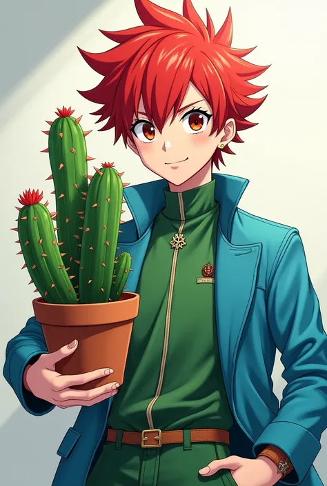 Male anime character red hair green clothes with blue coat holding a cactus