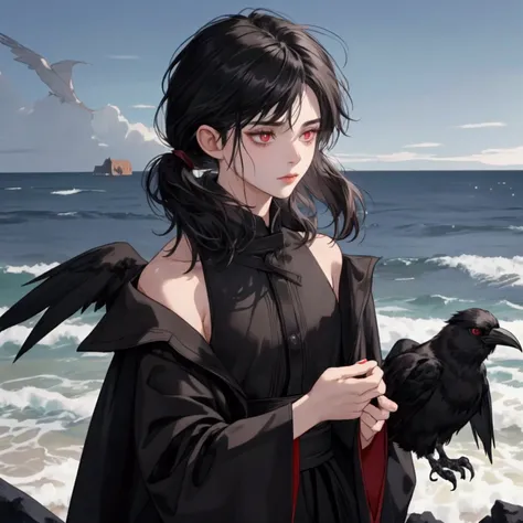 NSFW, short boy, feminine small shotacon, holding crow pet, small fragile body, black fur-lined clothes hanging on the shoulder, little to no clothes (showing core body), black hair, very messy mullet hair, bangs, shining crimson eyes, masterpiece, 8k, pho...